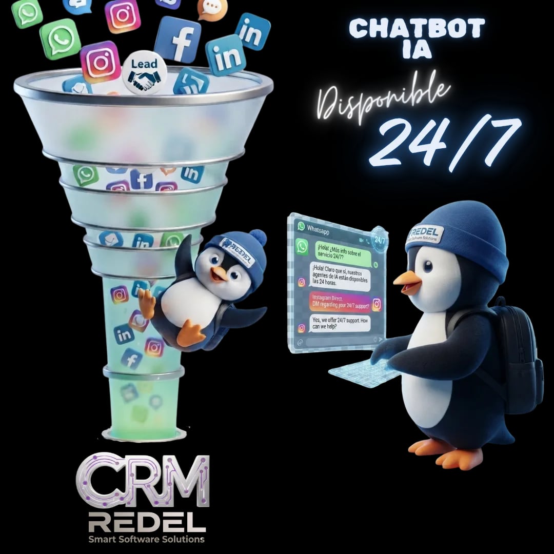 Mascota de Redel usando el chatbot IA de Redel CRM conectado a WhatsApp, Instagram, Facebook y LinkedIn