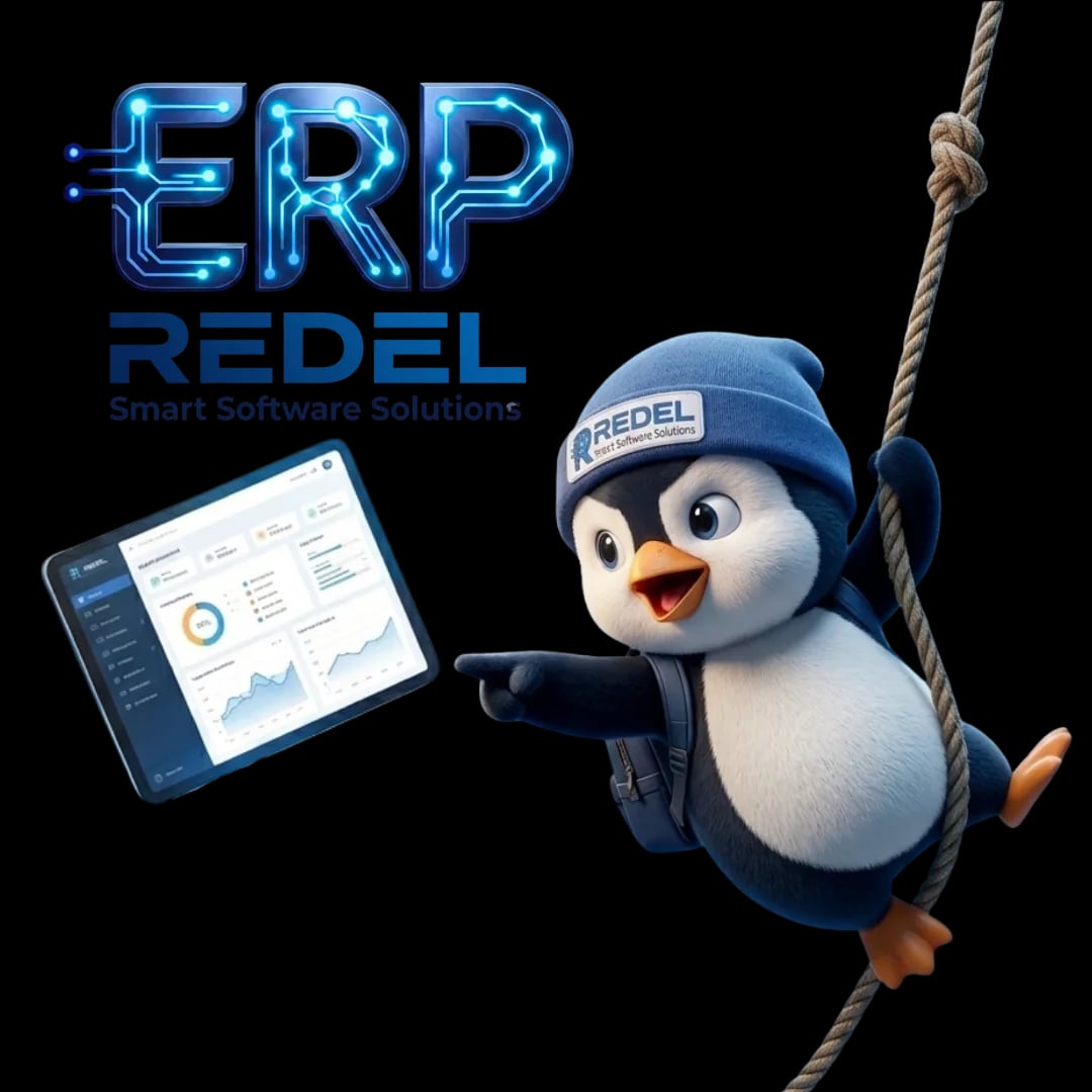 Mascota de Redel escalando hacia el dashboard de Redel ERP