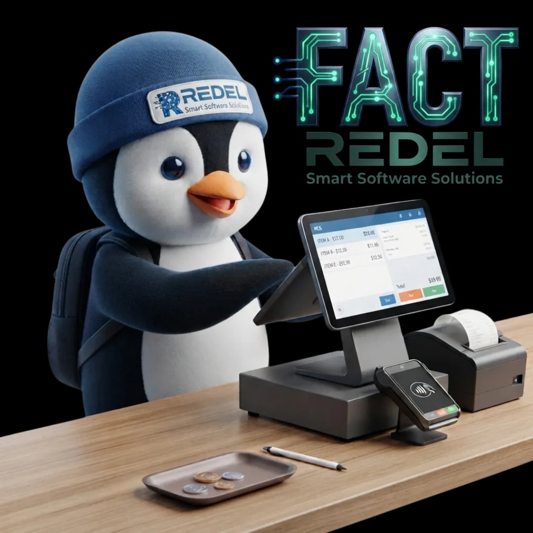 Mascota de Redel emitiendo un comprobante en la caja con Redel Fact: POS, lector de tarjetas e impresora de tickets