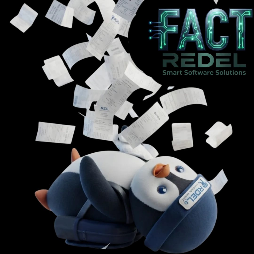 Mascota de Redel Fact: el pingüino de Redel bajo una lluvia de comprobantes electrónicos