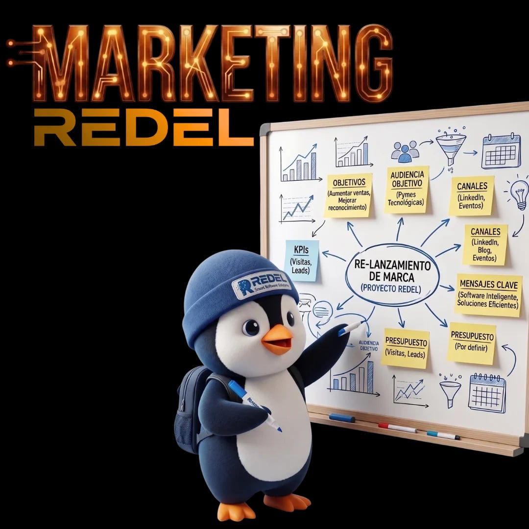 Mascota de Redel planificando una campaña de marketing en redes sociales
